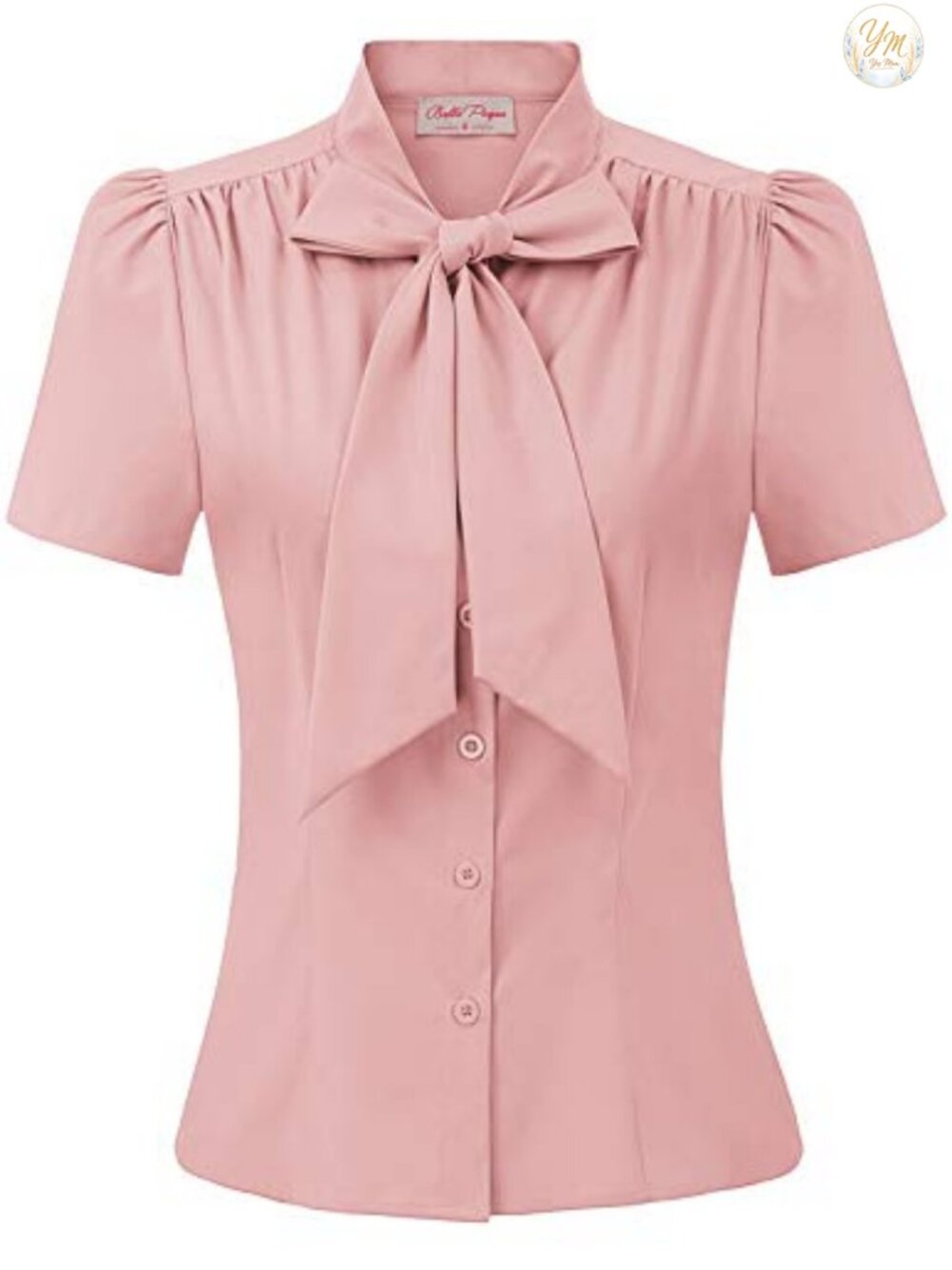 Vintage Bow Tie Button Down Short Sleeve Blouse Flowy Striped Blouse Business